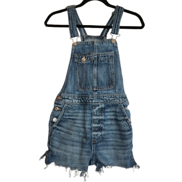 American Eagle Outfitters Pants - American Eagle Baggy Overall Short Size XS Frayed Hem Side Button Closures Denim